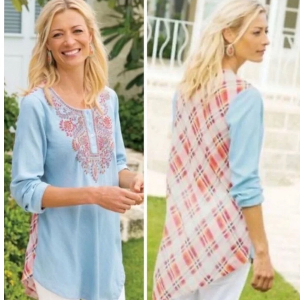 Soft Surroundings Blue Embroidered Plaid Back Asymmetric Tunic Top Womens Medium